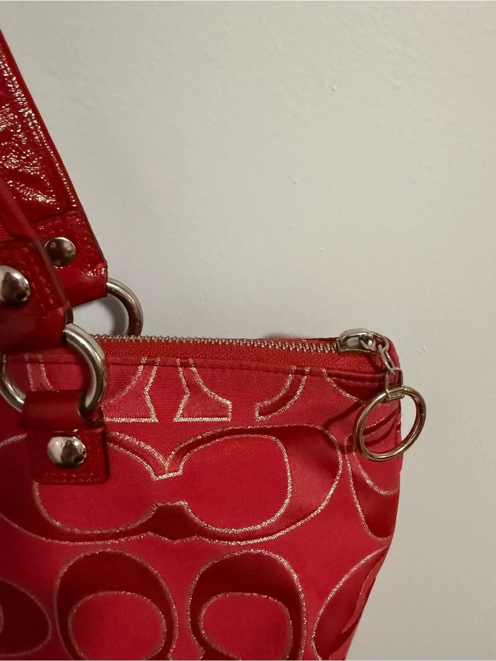 Coach Poppy Red Signature Shoulder Tote with silver tone Hardware!